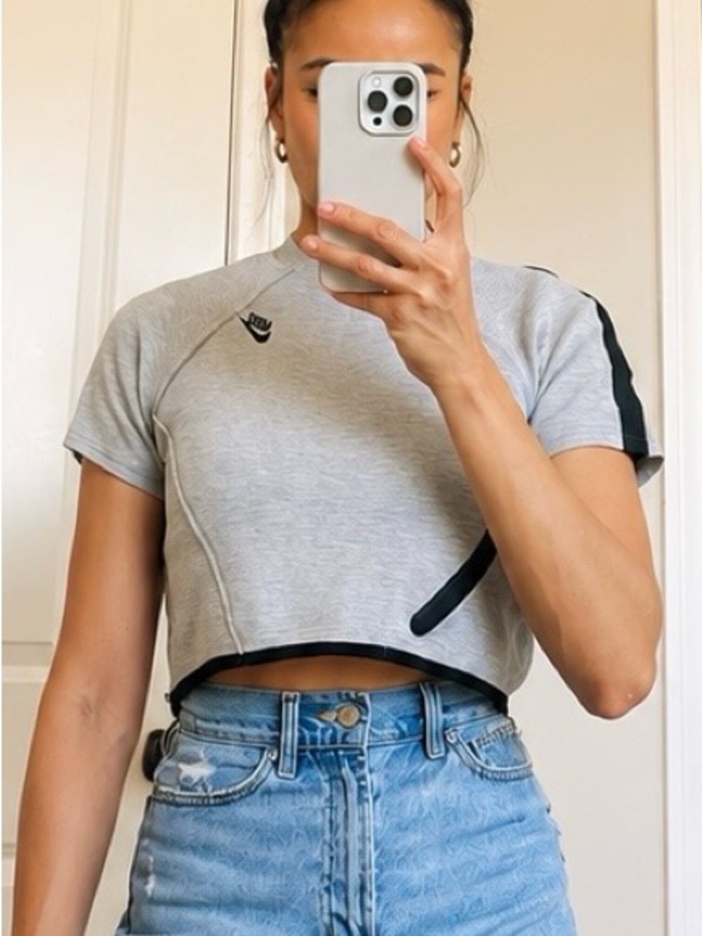 Nike Women’s Grey Cropped Mock Neck Tee - Athleisure Casual Everyday Top